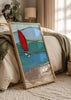 Cuadro decorativo de estilo ilustración y mar_y_playa colocado en salón, velero rojo en paisaje costero sereno, modelo Red Sailboat Serenity