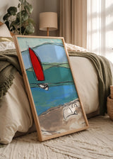 Cuadro decorativo de estilo ilustración y mar_y_playa colocado en salón, velero rojo en paisaje costero sereno, modelo Red Sailboat Serenity