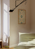 Quadro com padrão de azulejos ornamentais simétricos, detalhes vegetais, formas circulares em creme, mostarda e verde azulado, de estilo vintage decorativo. Disponível em kudeko.com