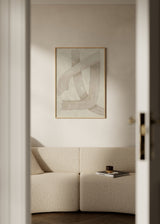 Quadro com linhas curvas entrelaçadas em bege acinzentado sobre fundo creme texturado, composição abstrata de estilo depurado, equilibrado e contemporâneo para decoração de parede. Disponível em kudeko.com