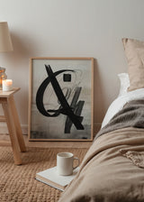 Abstraktes Wandbild in Schwarz, Grau und Cremeweiß mit geschwungenen Formen, markanter Diagonale, feinen Überlagerungen und modernem Stil. Erhältlich auf kudeko.com