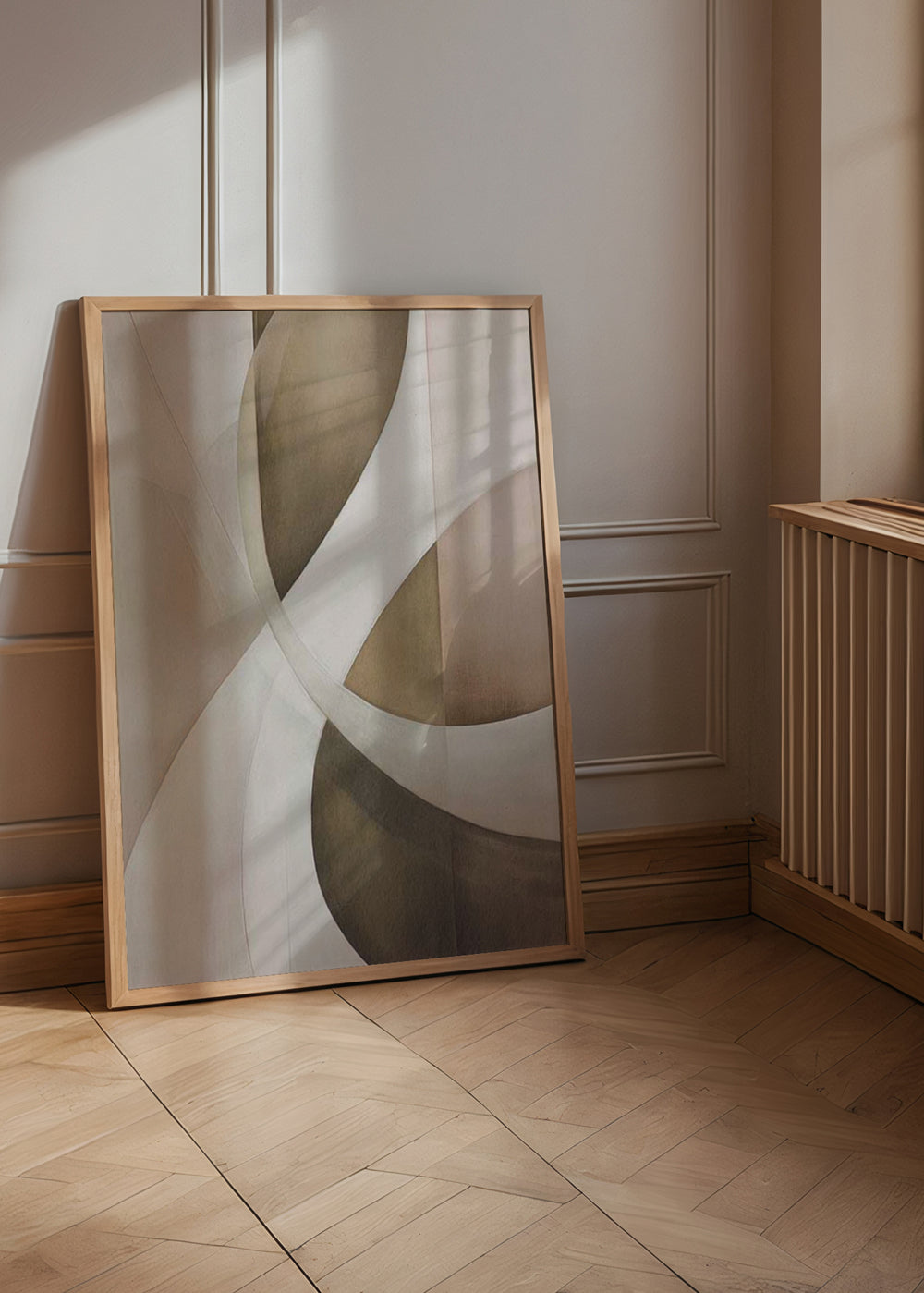 Tableau encadré avec courbes entrelacées, fonds beige, sable, blanc cassé et brun taupe, composition au style géométrique épuré et équilibré. Disponible sur kudeko.com