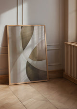 Quadro emoldurado com curvas entrelaçadas, fundos em bege, areia, branco partido e castanho taupe, numa composição de estilo geométrico equilibrado e depurado. Disponível em kudeko.com