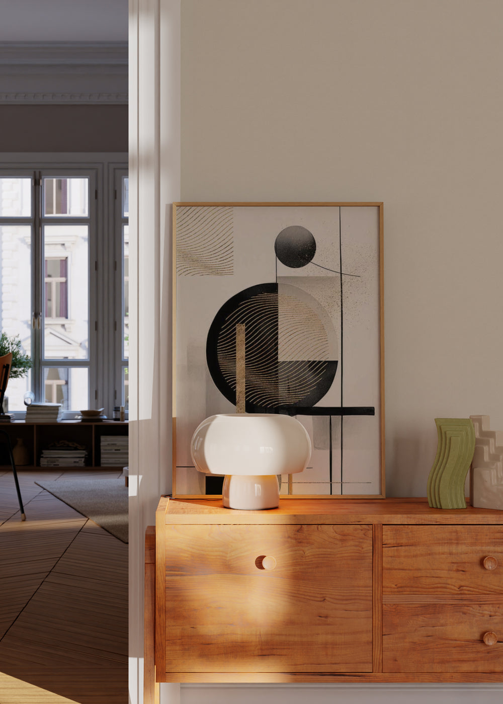 Tableau avec composition géométrique de cercles noirs, formes beige et grises, lignes fines, détails dorés et fond clair, dans un style contemporain structuré. Disponible sur kudeko.com