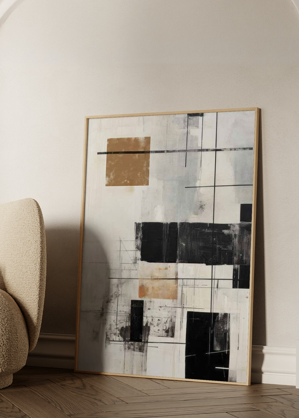 Tableau encadré avec composition géométrique de rectangles noirs, beige et blanc cassé, lignes fines, fond texturé et style abstrait sobre. Disponible sur kudeko.com