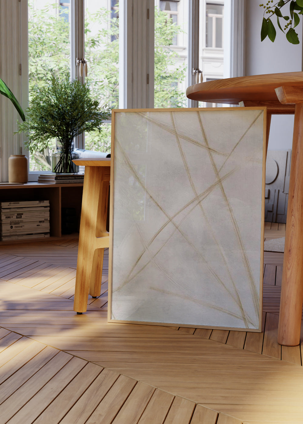 Wandbild mit abstrakter Komposition aus feinen Linien in Beige und Sand auf offweißem Hintergrund mit zarten perlgrauen Nuancen, im minimalistischen Stil. Erhältlich auf kudeko.com