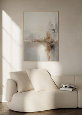 Cuadro decorativo de estilo minimalista y abstracto colocado en salón, composición abstracta en tonos neutros y dorados, modelo Gold Explosion Veris Collection IV