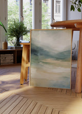 Cuadro decorativo de estilo minimalista y abstracto colocado en salón, paisaje abstracto en acuarela de inspiración marina, modelo Paisaje Ilusión Watercolor I