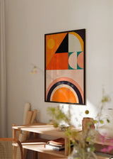 Cuadro decorativo de estilo minimalista y abstracto colocado en salón, composición geométrica abstracta en tonos cálidos, modelo Playing Around Shapes 4
