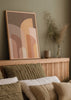 Tableau avec arcs géométriques superposés en tons terre, beige, sable, terracotta et pêche doux, composition abstraite équilibrée au style géométrique contemporain. Disponible sur kudeko.com