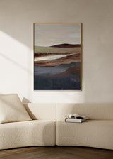 Cuadro decorativo de estilo minimalista y abstracto colocado en salón, paisaje abstracto en tonos tierra, modelo Serene View