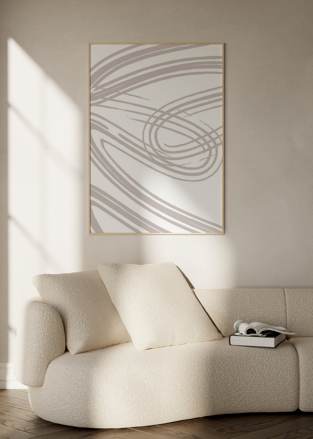 Tableau encadré avec lignes courbes entrelacées beige doux sur fond blanc, composition abstraite fluide au style épuré et contemporain. Disponible sur kudeko.com