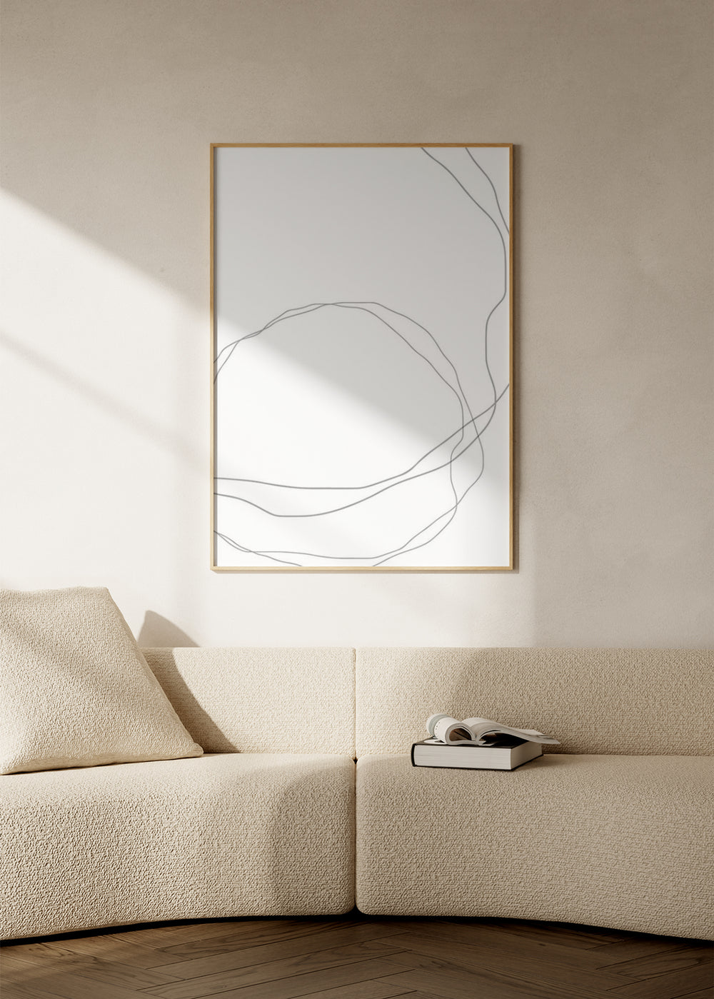 Tableau avec fines lignes organiques grises sur fond blanc, contours fluides superposés et style abstrait minimaliste contemporain. Disponible sur kudeko.com
