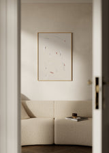 Cuadro decorativo de estilo minimalista y abstracto colocado en salón, líneas sutiles en tonos tierra suaves, modelo Subtle Lines and Soft Earth Tones