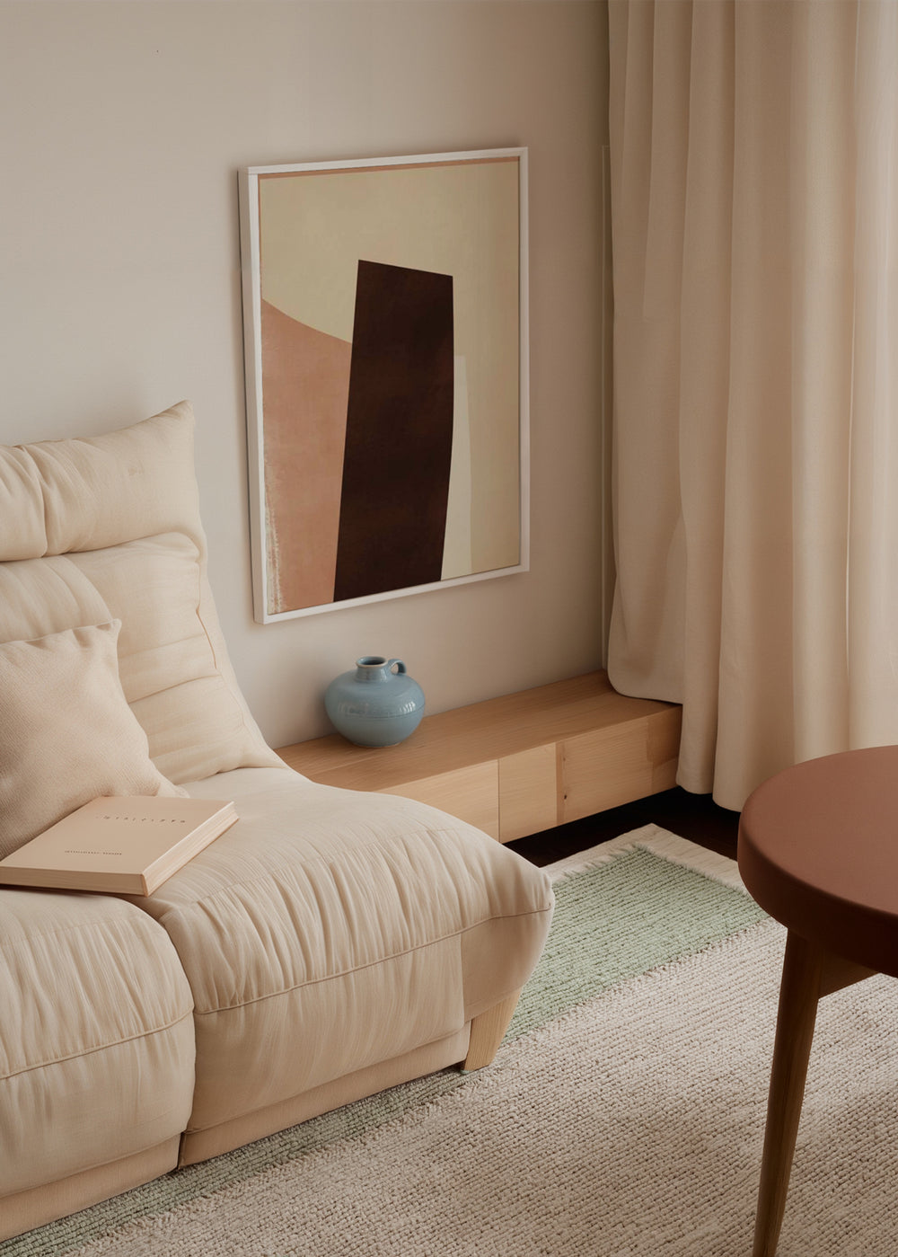 Tableau avec formes abstraites superposées en crème, beige, rose poudré et brun foncé, composition équilibrée au style abstrait apaisé pour décoration murale. Disponible sur kudeko.com