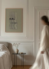 Tableau avec lignes ondulées noires et grises sur fond beige texturé, composition abstraite au style minimaliste et équilibré pour décoration murale. Disponible sur kudeko.com