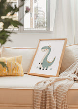 Cuadro decorativo de estilo minimalista y blanco_y_negro colocado en habitación infantil, dinosaurio azul infantil tierno, modelo Dinosaurio Azul Infantil III