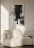Cuadro decorativo de estilo minimalista y blanco_y_negro colocado en salón, composición abstracta geométrica en blanco y negro, modelo Geometry Veris Collection XII
