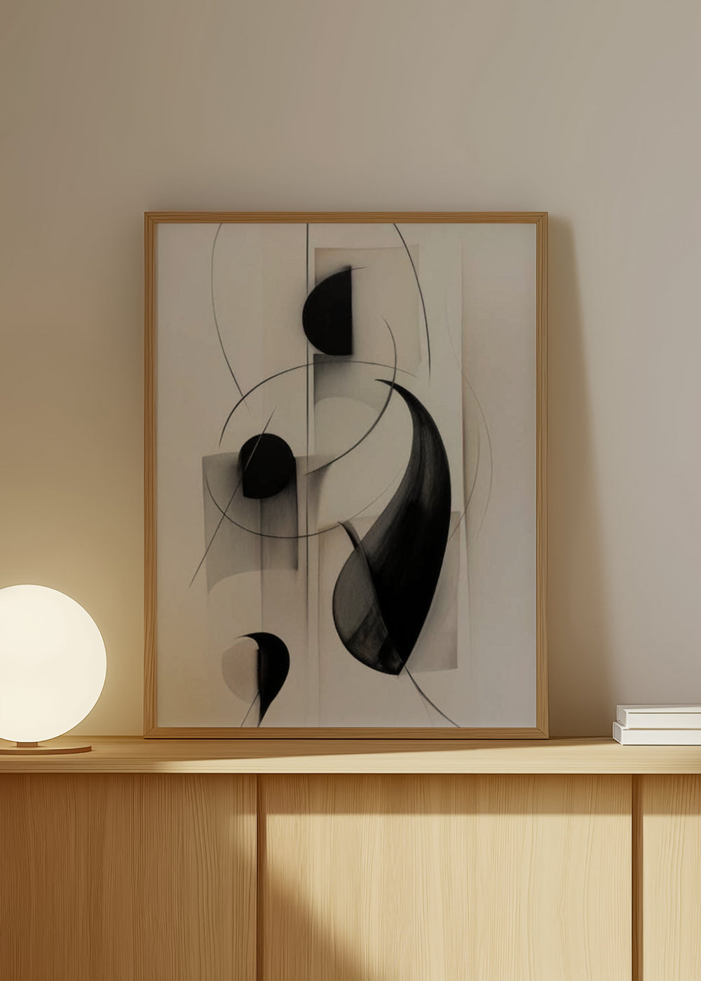 Cuadro decorativo de estilo minimalista y blanco_y_negro colocado en salón, composición abstracta en blanco y negro, modelo Veris Collection IX