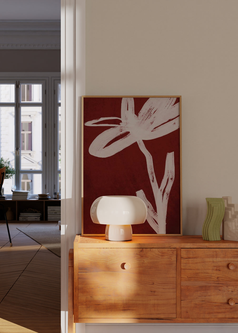 Cuadro decorativo de estilo minimalista y flores colocado en salón, flor abstracta en terracota, modelo Velvet Terracota Floral I