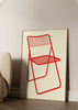Cuadro decorativo de estilo minimalista y geométrico colocado en oficina, silla roja de diseño minimalista, modelo Ted Net Chair Red