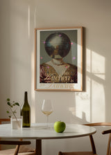 Wandbild im Pop-Art-Stil mit Renaissancefigur und Discokugel, mit dem Schriftzug „This kitchen is for dancing“, erhältlich auf kudeko.com. Erhältlich auf kudeko.com