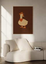 Cuadro decorativo de estilo minimalista y ilustración colocado en habitación infantil, pato cowboy con pañuelo rojo, modelo Bo the Cowboy Duck