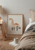 Tableau encadré avec dinosaure au long cou en beige, terracotta et gris, sur fond clair, avec style enfantin, formes douces et aspect texturé. Disponible sur kudeko.com
