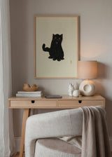 Cuadro decorativo de estilo minimalista y ilustración colocado en salón, gato negro encantador en estilo minimalista, modelo Charming Black Cat