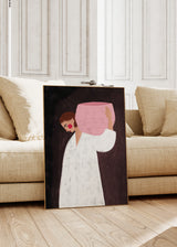 Tableau illustré coloré représentant une femme en tunique blanche portant un bol rose, par Bea Muller. Disponible sur kudeko.com