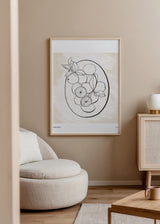 Quadro emoldurado com composição de citrinos, folhas finas, fundo bege claro, contorno preto e estilo minimalista de linhas simples. Disponível em kudeko.com