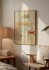 Dekoratives Wandbild im minimalistischen und nordischen Stil in einem Schlafzimmer, Illustration eines gemütlichen Schlafzimmers in Pastelltönen, Modell Cozy Morning Retreat. Erhältlich auf kudeko.com