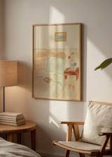 Dekoratives Wandbild im minimalistischen und nordischen Stil in einem Schlafzimmer, Illustration eines gemütlichen Schlafzimmers in Pastelltönen, Modell Cozy Morning Retreat. Erhältlich auf kudeko.com