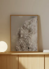 Cuadro decorativo de estilo minimalista y nórdico colocado en dormitorio, flores blancas en fotografía suave, modelo White Flowers