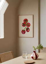 Cuadro decorativo de estilo minimalista y orgánico colocado en cocina, ilustración minimalista de tomates frescos, modelo Tomates frescos