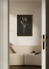 Cuadro decorativo de estilo minimalista y orgánico colocado en salón, flor botánica en blanco y negro, modelo Black Biophilic Flower