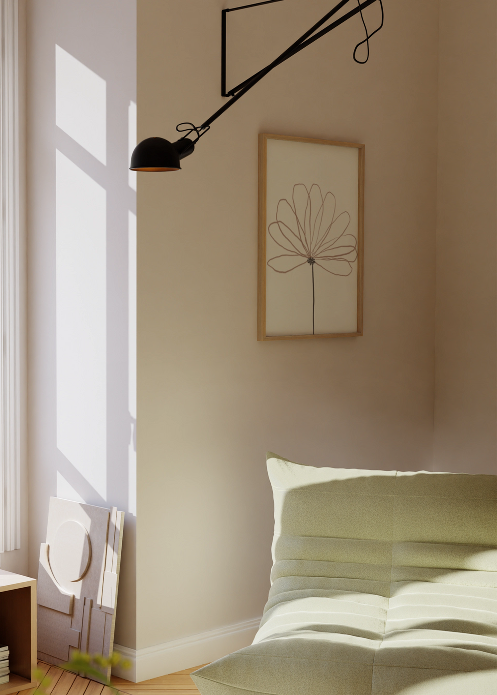 Cuadro decorativo de estilo minimalista y orgánico colocado en salón, flor minimalista de líneas suaves, modelo Delicate Petals