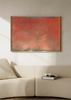 Cuadro decorativo de estilo minimalista y orgánico colocado en salón, composición abstracta en coral y turquesa, modelo Teal Coral Ombre