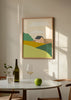 Cuadro decorativo de estilo minimalista y orgánico colocado en salón, paisaje rural minimalista con casita, modelo Un Paisaje Especial II