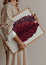 Cuadro decorativo de estilo minimalista y sereno colocado en salón, hoja botánica rosa vintage, modelo Pink Amarantus Leaf