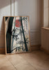 Japanisches Wandbild mit Bambuswald und roter Sonne im Japandi Stil, klare natürliche und ruhige dekorative Ausstrahlung. Erhältlich auf kudeko.com