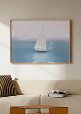 Cuadro decorativo de estilo minimalista y tonos_pastel colocado en dormitorio, velero en mar en calma, modelo Mar en calma