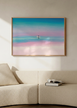 Cuadro decorativo de estilo minimalista y tonos_pastel colocado en salón, surfista en reflejos del mar pastel, modelo Reflejos del mar