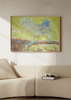 Cuadro decorativo de estilo orgánico y abstracto colocado en salón, paisaje abstracto luminoso en tonos suaves, modelo Abstract Landscape Horizons