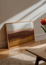 Cuadro decorativo de estilo orgánico y abstracto colocado en salón, paisaje abstracto de colinas en tonos cálidos, modelo Siberia