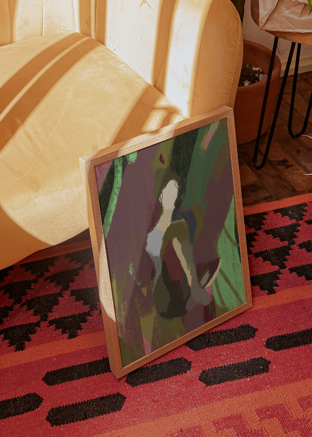 Cuadro decorativo de estilo orgánico y colorido colocado en salón, figura femenina abstracta en tonos orgánicos, modelo Organic hug II