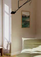 Cuadro decorativo de estilo orgánico y minimalista colocado en salón, paisaje pintado en tonos verdes, modelo Green-land