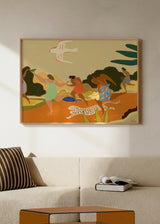 Cuadro decorativo de estilo orgánico y minimalista colocado en salón, escena vibrante de mujeres corriendo en la naturaleza, modelo Run