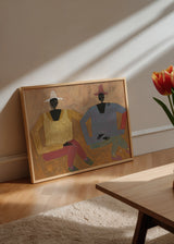 Cuadro decorativo de estilo orgánico y minimalista colocado en salón, retrato artístico de dos figuras sentadas, modelo Still Together