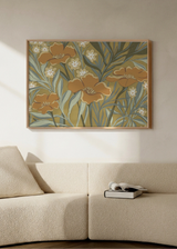 Cuadro decorativo de estilo orgánico y minimalista colocado en salón, flores naranjas estilizadas de aire botánico, modelo Stylized Orange Blooms